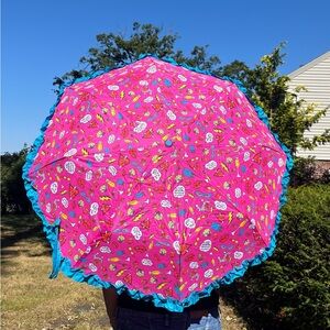 Betsey Johnson Rocker Chic Turquoise and Hot Pink Frilled Compact Umbrella